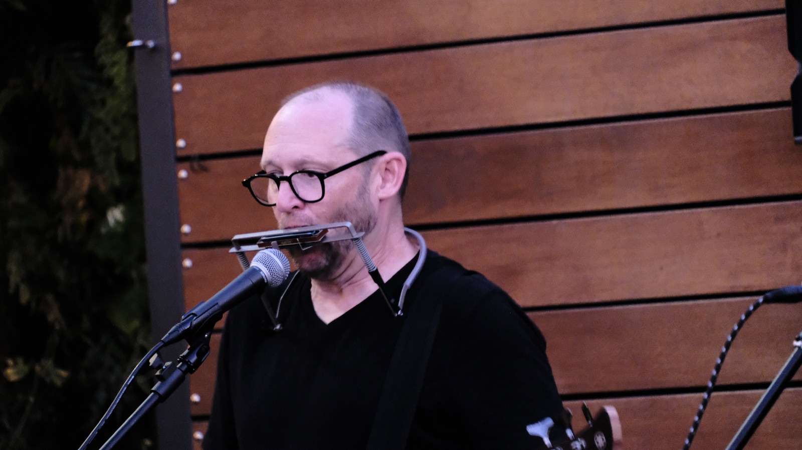 Bassist playing harmonica on a neck rack at the mic